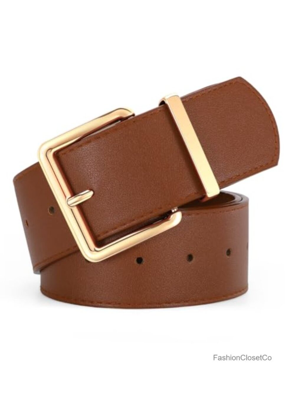 Wide PU Leather Belt with Square Gold Buckle Adjustable Waist Belt